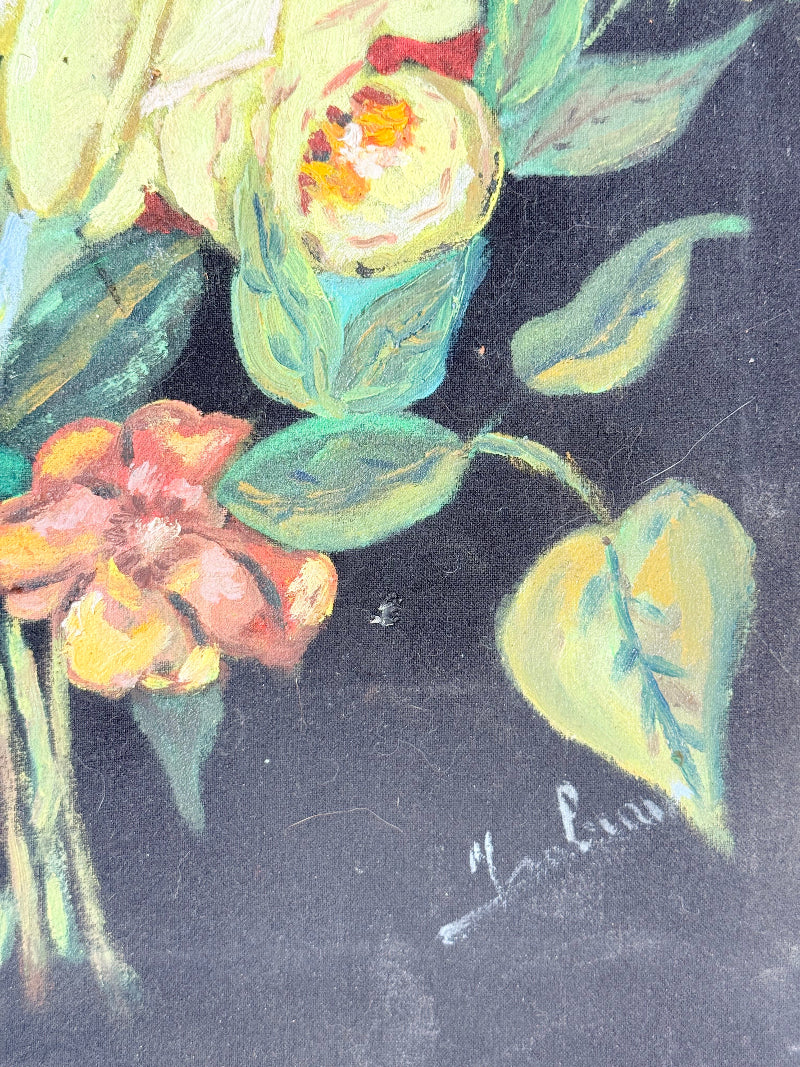 Vintage floral still life oil on canvas with yellow and peach blooms against dark background, unframed, on white surface.