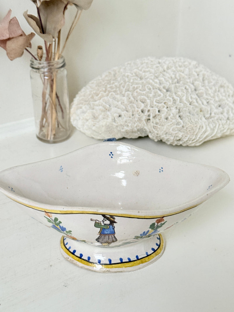 French Quimper faience sauce boat with Breton figure