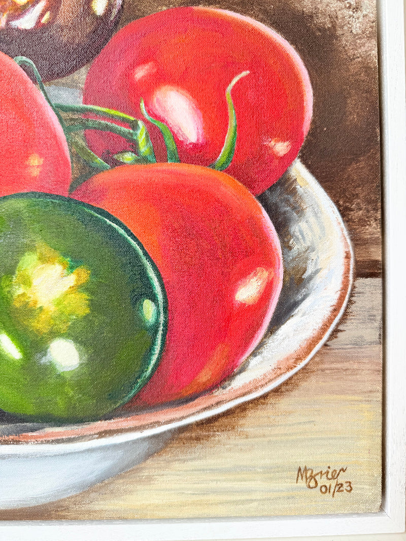Original still life painting of tomatoes by M. Brier, 2021, framed in white box frame and photographed on white surface
