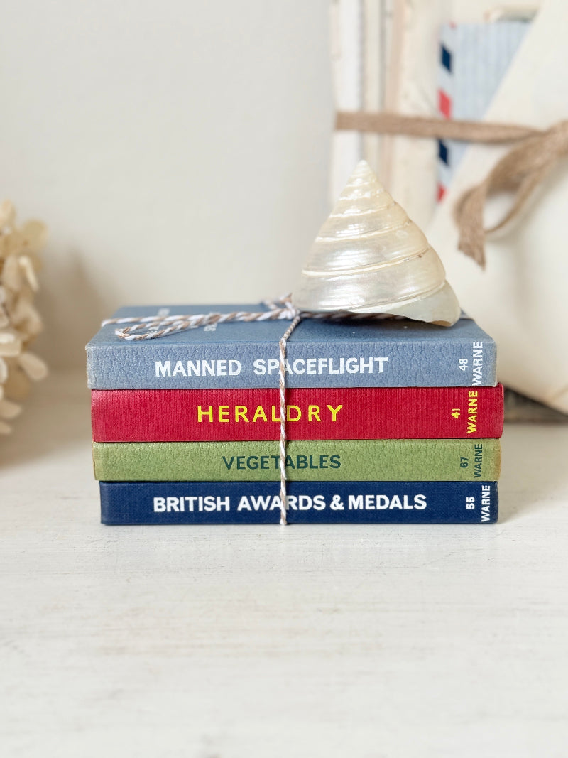 A stack of four vintage hardcover books tied with twine and topped with a white seashell, placed on a light surface. The visible book titles are &