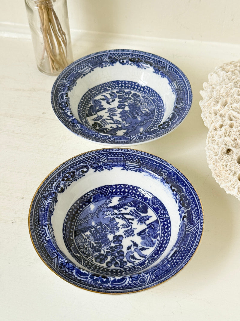 Pair of vintage blue and white Blue Willow snack bowls with patterned border photographed on a white surface