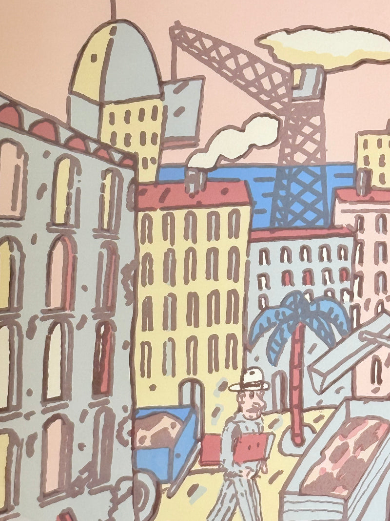 Limited edition screen print of Beirut by Antonio Segui in a wooden frame, signed and dated 1995, photographed on a white surface