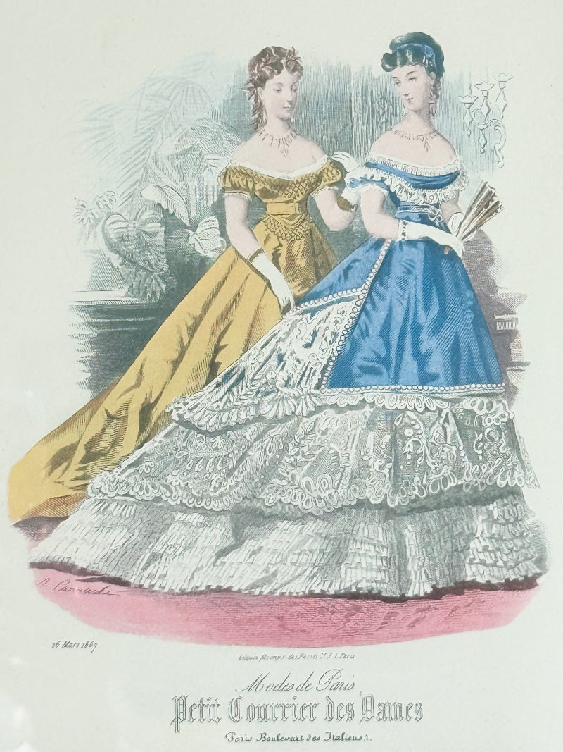 Vintage Modes de Paris fashion plate with gilt frame and burgundy mount, photographed on white surface