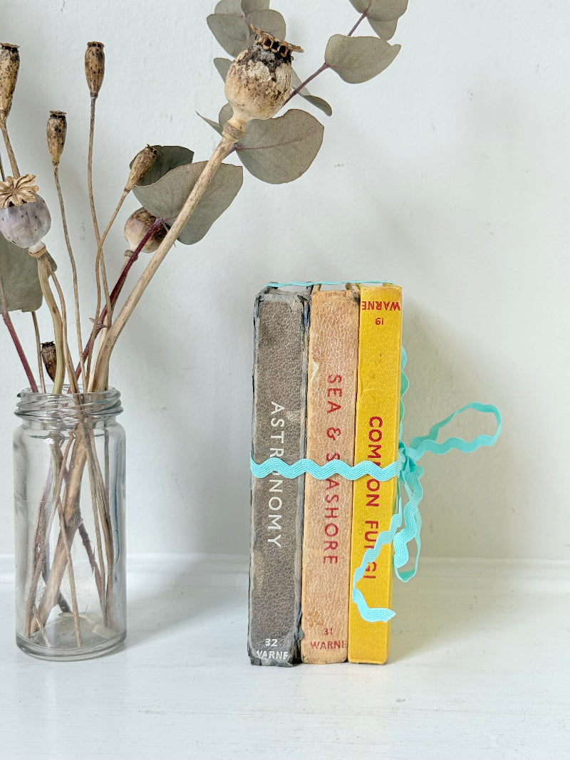 Vintage small decorative book bundle in yellow, brown and grey with turquoise ribbon, photographed on a white surface