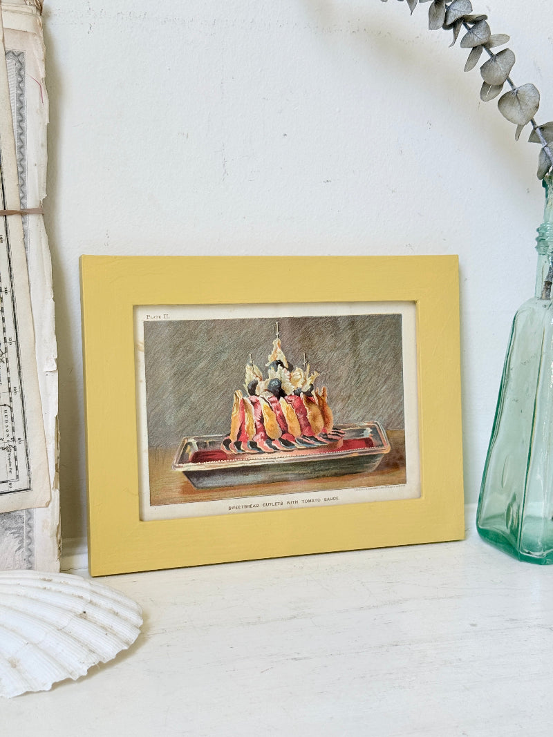 Framed antique Victorian cookery illustration from Cassell’s New Universal Cookery Book showing Sweetbread Cutlets with Tomato Sauce