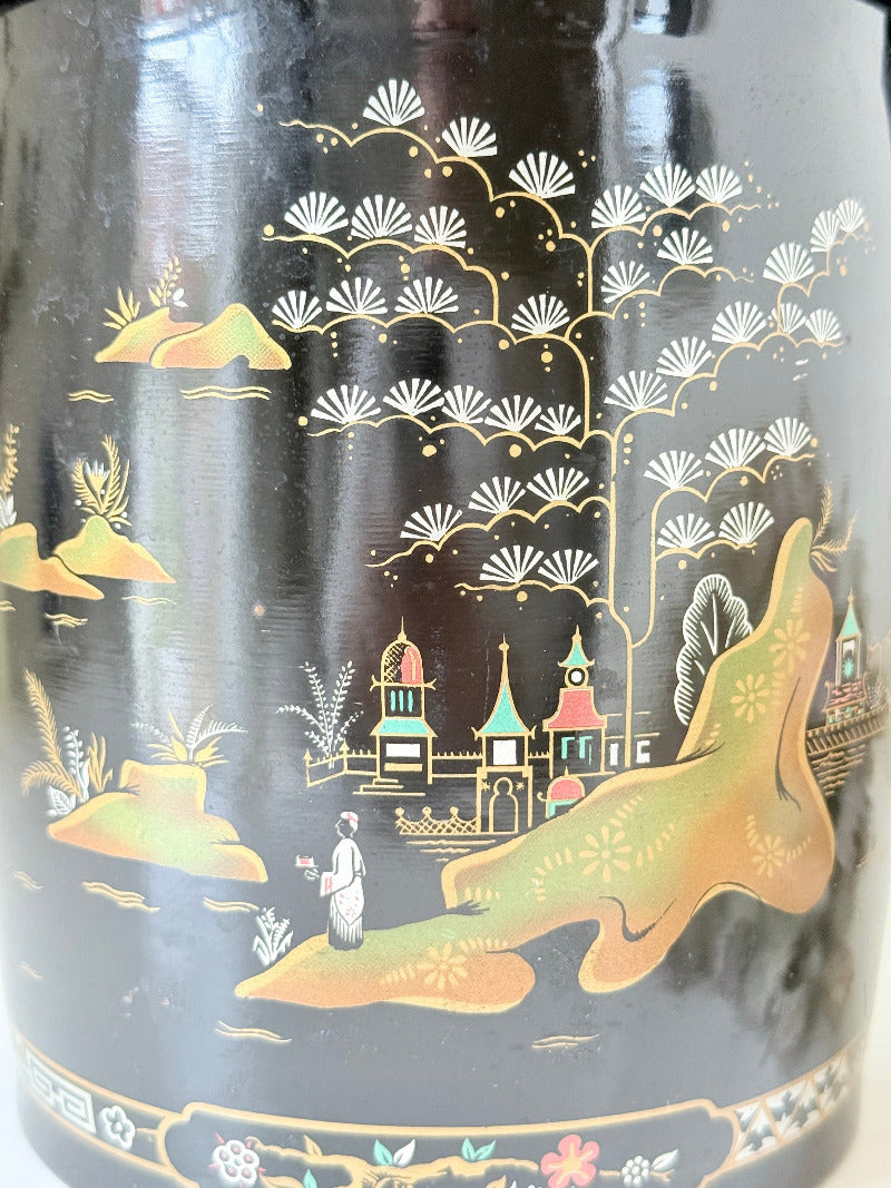 mid century baret ware china gardens black and gold ice bucket with glass liner photographed on white surface