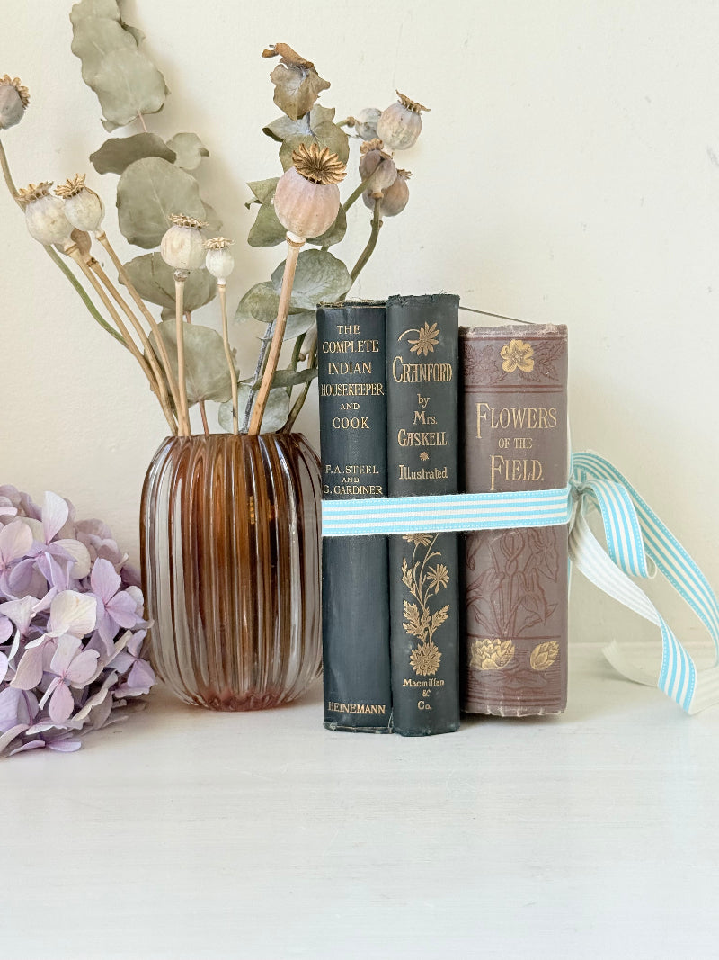 Bundle of antique books with decorative spines tied with ribbon, styled on white surface with dried flowers