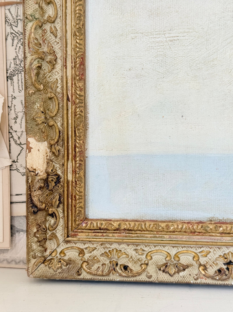Original oil on canvas laid on board geometric modernist composition with bold colour blocks and ornate gold cream frame