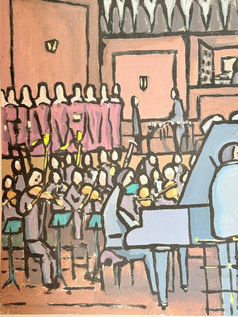 Vintage orchestral oil painting on board showing conductor and musicians, unframed, photographed on white surface.