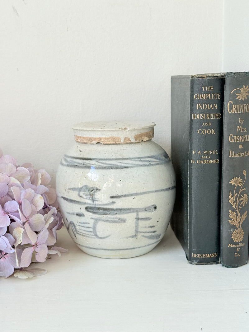 Antique Chinese ginger jar with blue brushwork, photographed on a white surface with vintage books and hydrangeas