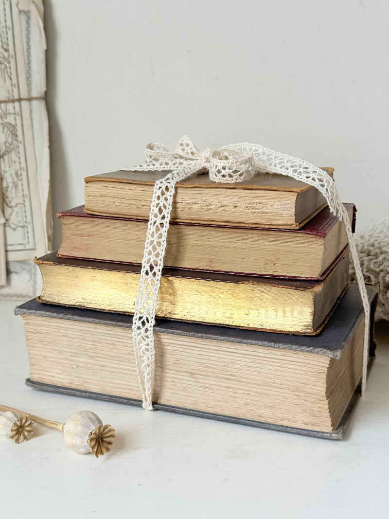 Antique decorative book bundle with faded hardback covers, aged pages and neutral lace tie for vintage interior styling