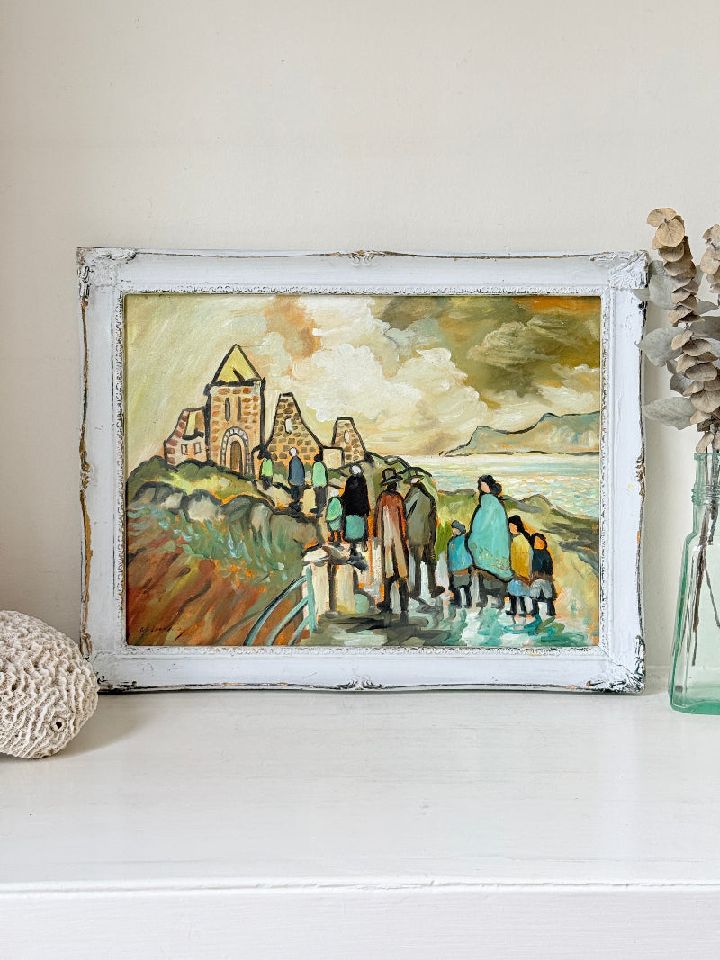 Markey Robinson style oil on board of shawled figures going to a hilltop church in teal and ochre