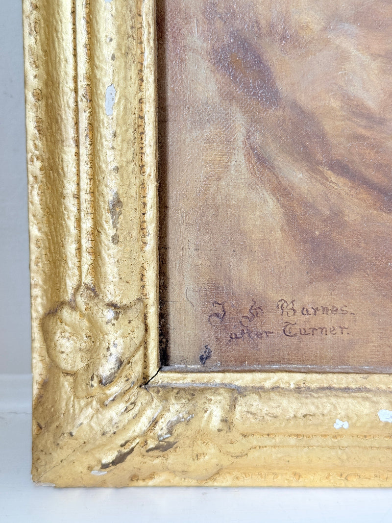 Close-up of an antique oil painting corner with a textured gold frame, showing a painted scene in warm brown and beige tones with a handwritten signature reading &