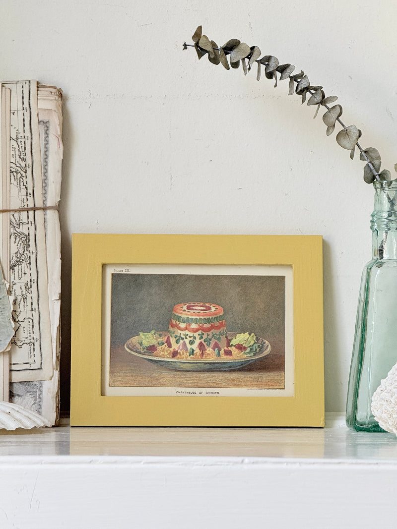 Framed antique Victorian cookery illustration from Cassell’s New Universal Cookery Book showing Chartreuse of Chicken