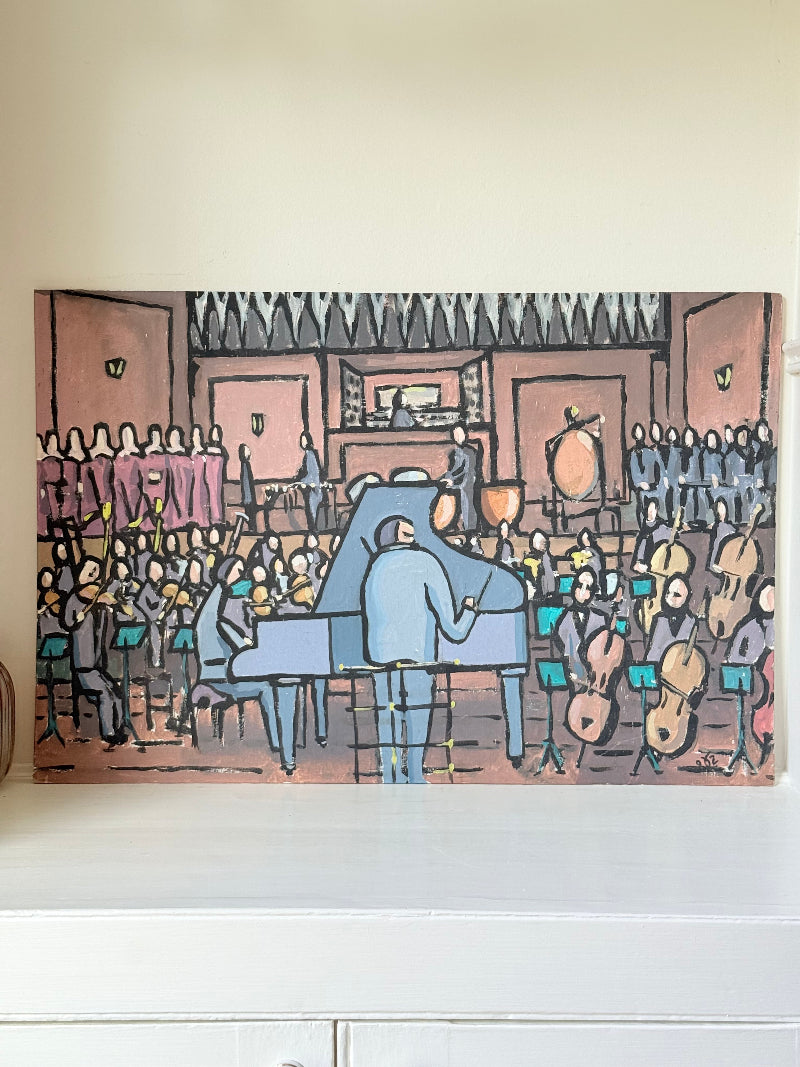 Vintage orchestral oil painting on board showing conductor and musicians, unframed, photographed on white surface.