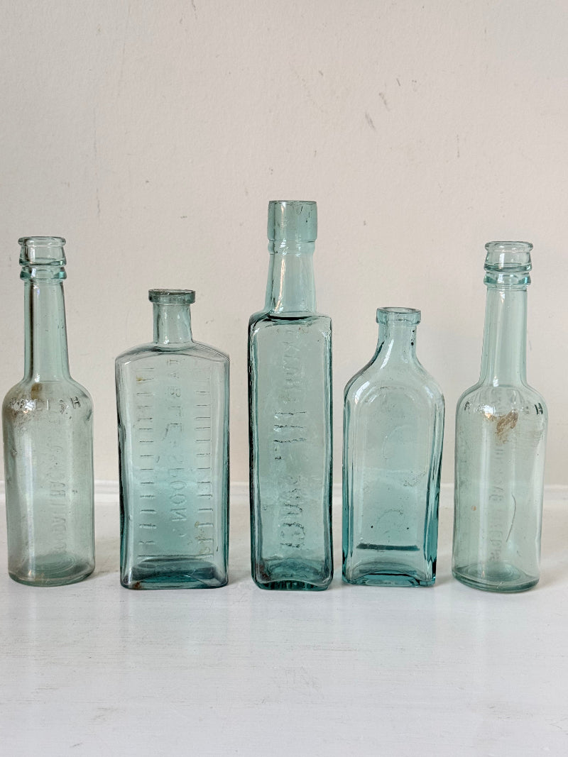 Set of five antique aqua glass bottles with embossed lettering, photographed on a white surface with dried stems