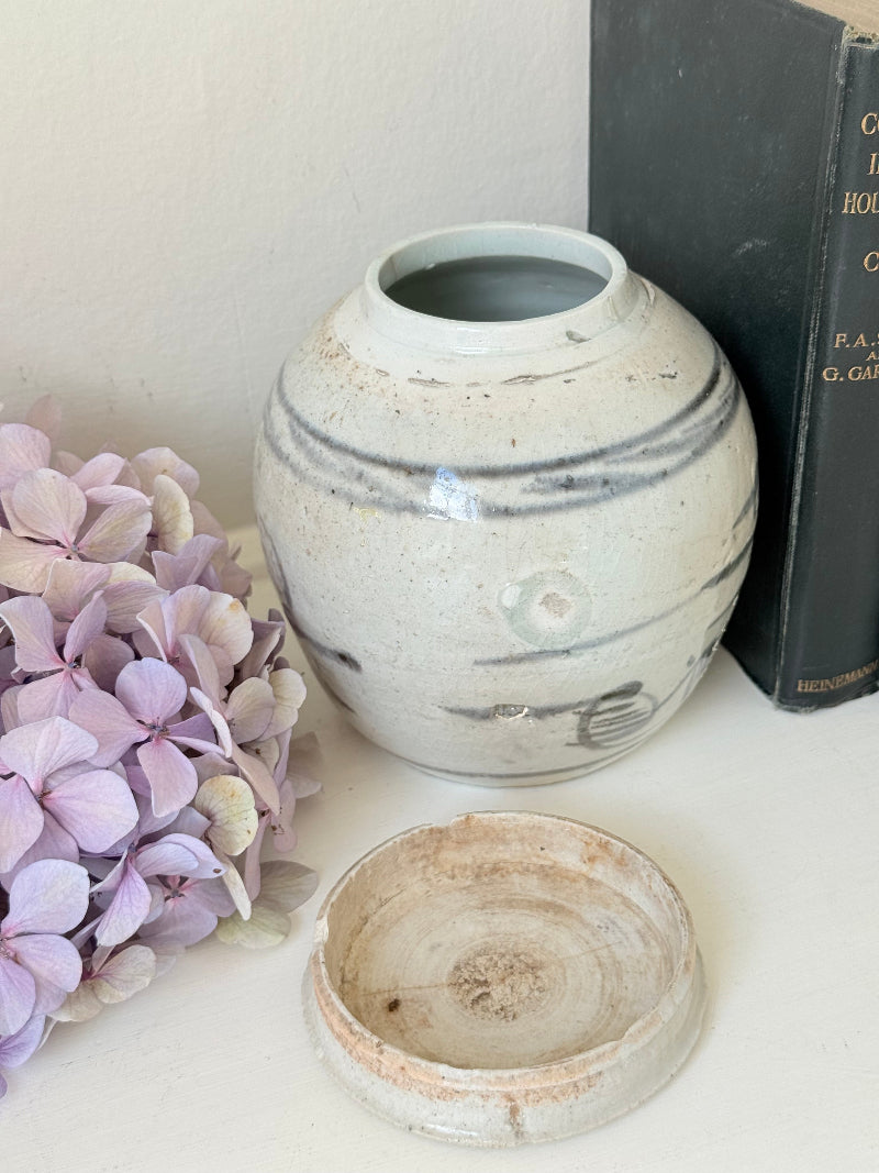 Antique Chinese ginger jar with blue brushwork, photographed on a white surface with vintage books and hydrangeas