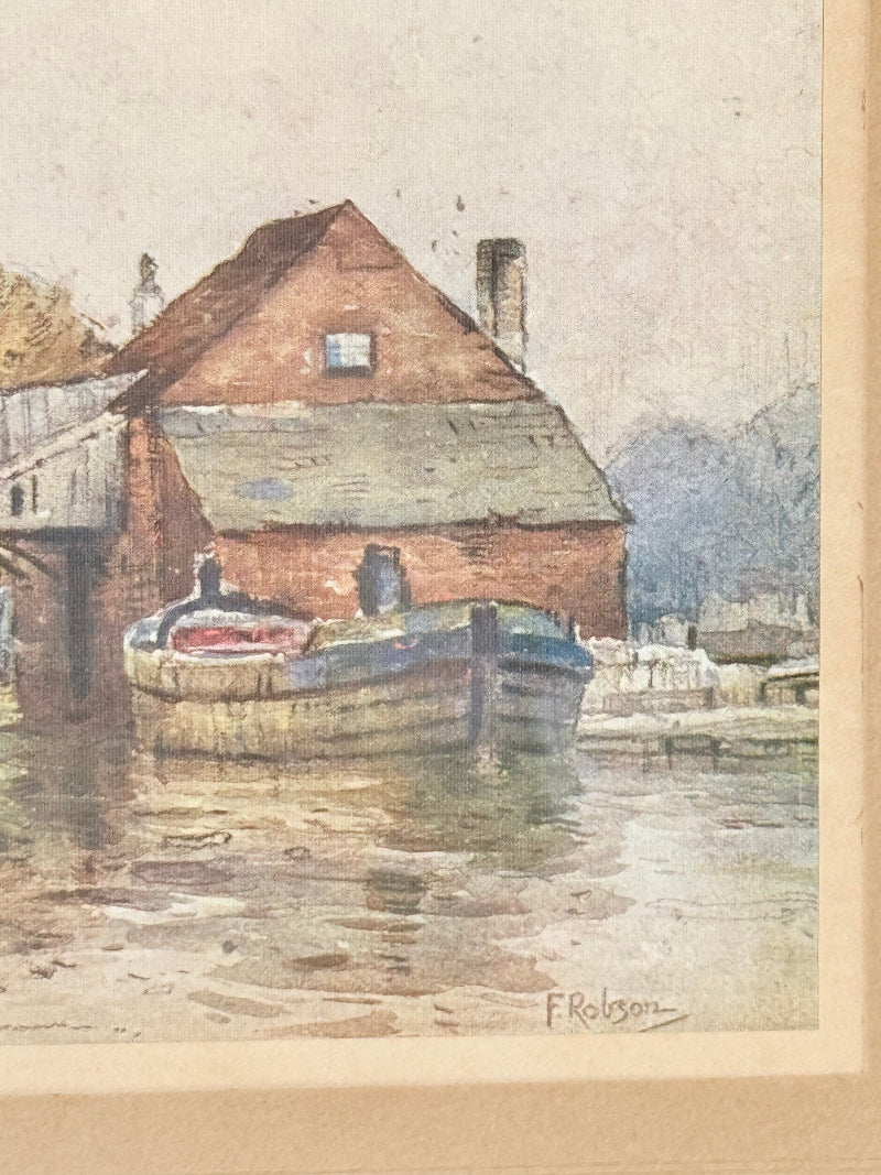Vintage framed print of riverside mill by F Robson, gilt frame with blue mount, rustic water scene, photographed on white surface.