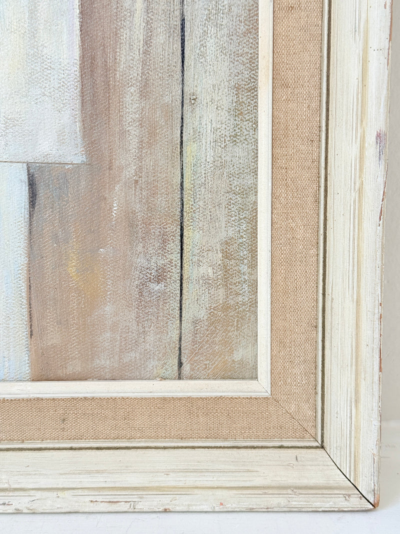 Original oil on board modernist still life with Cubist style vessels, geometric forms and ornate gold cream frame