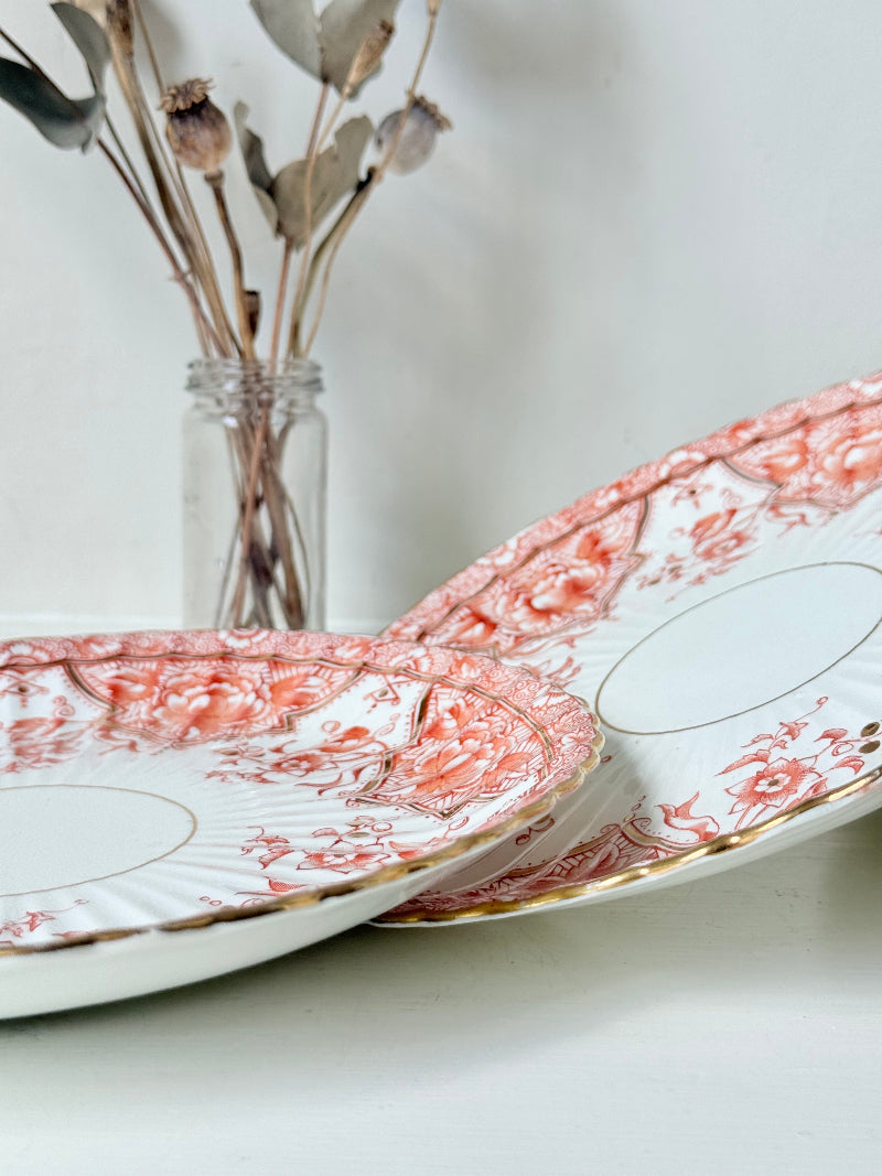 pair of vintage porcelain coral transfer plates with scalloped edges and gilt detail on white surface