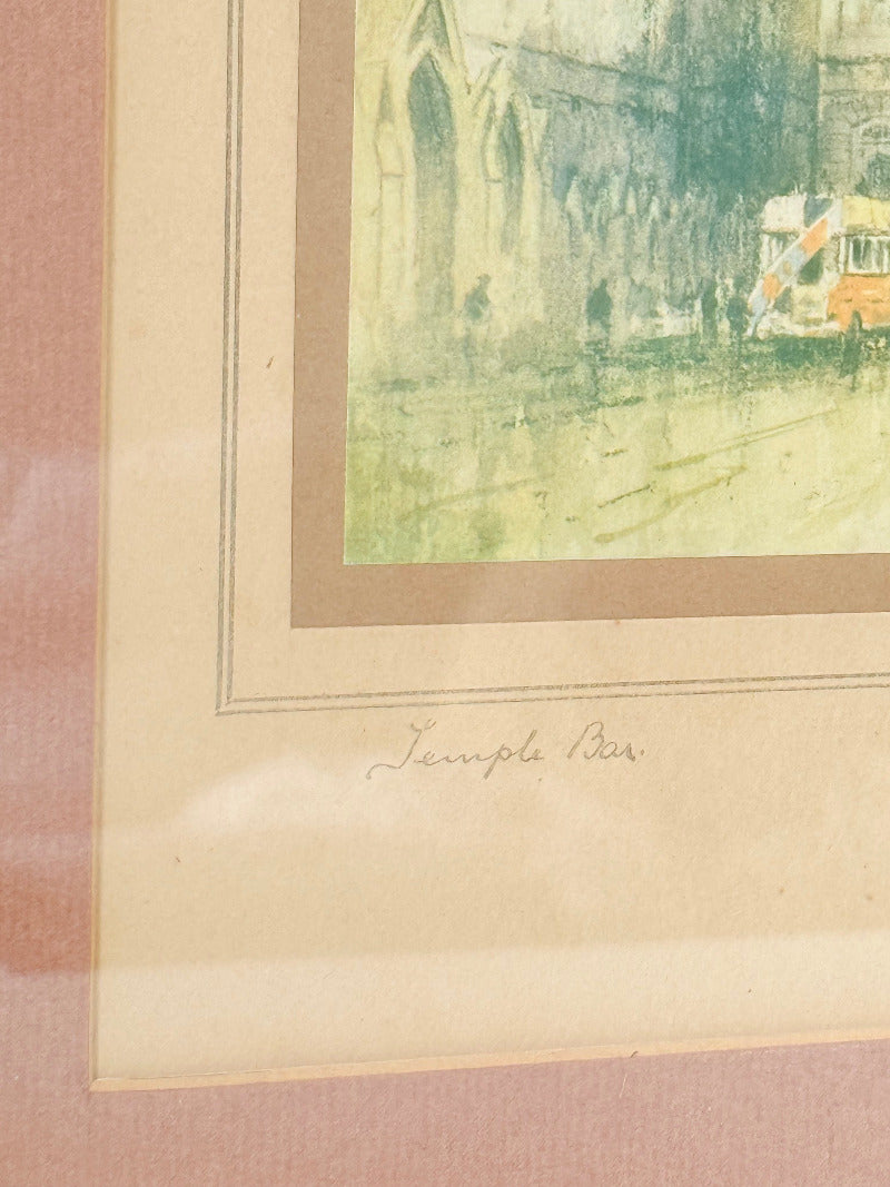 vintage framed print of temple bar watercolour by f robson in black frame with apricot and dusky pink mount on white surface