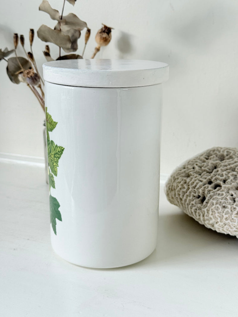 Vintage Portmeirion Botanic Garden ceramic canister with wooden lid and hydrangea design photographed on a white surface.
