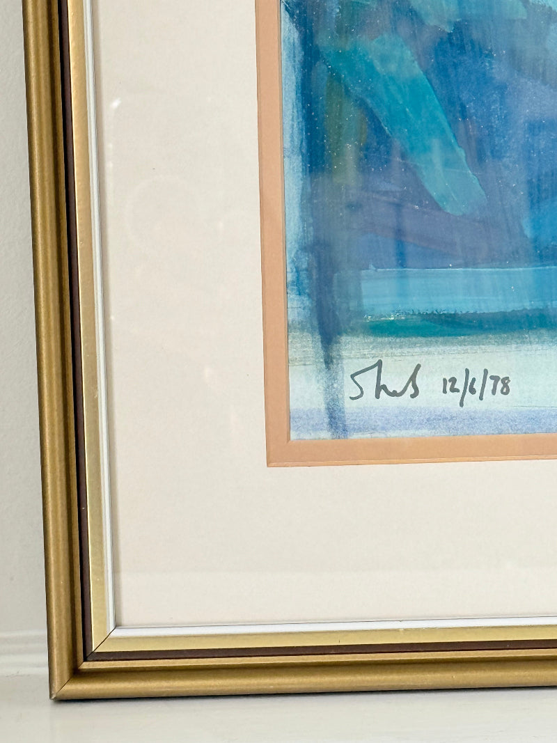 1970s framed abstract watercolour and gouache painting titled Rock Pools St Ives by Shields, photographed on white surface