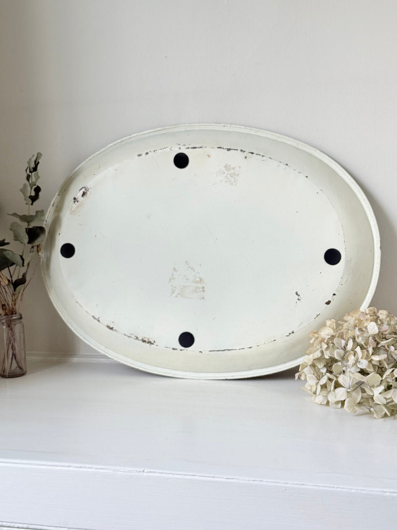vintage hand painted metal tray with bold floral design in pink, red, white and gold border