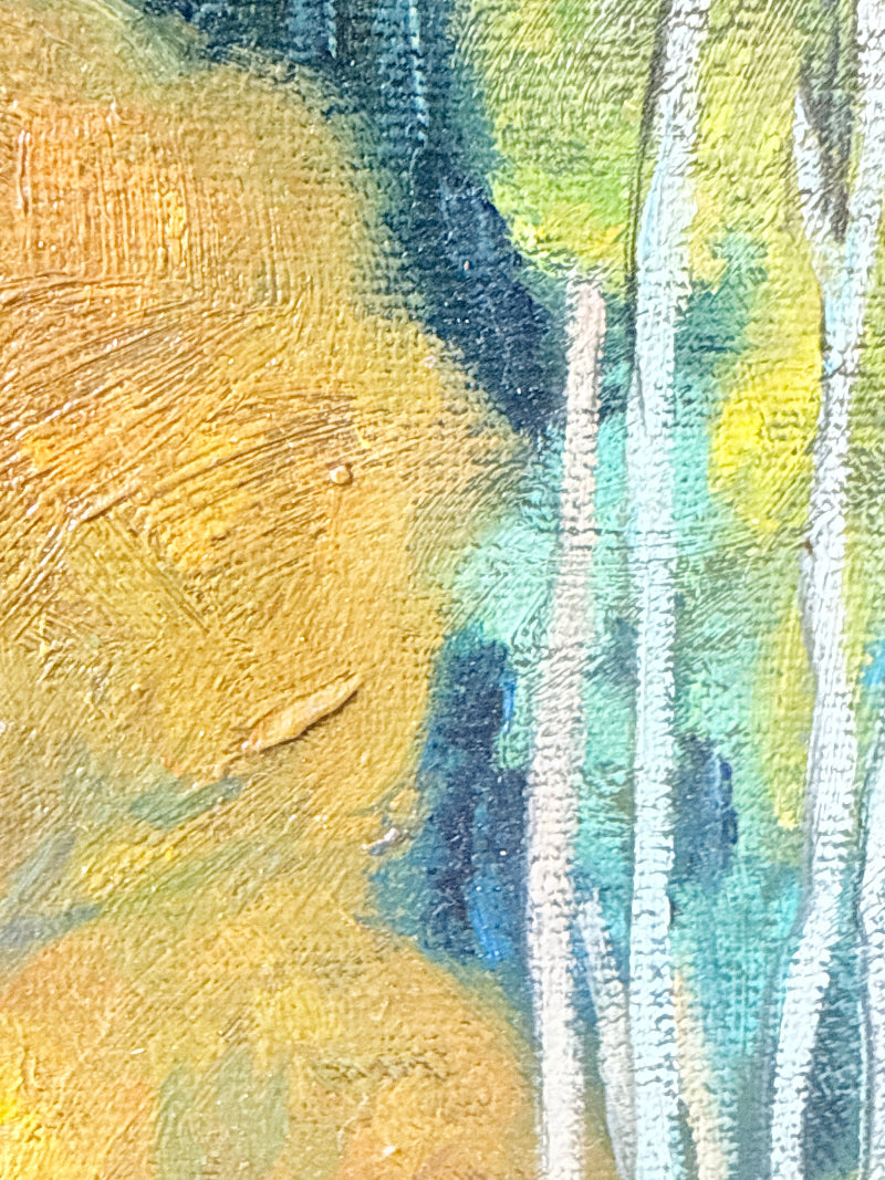 Close-up of an expressive painting with thick impasto brushstrokes, featuring a warm golden yellow and tan field on the left, dark blue and teal areas, and vertical white tree trunks on the right.