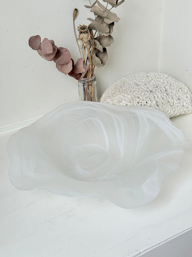 Large vintage white matt glass swirl ruffle bowl photographed on a white surface