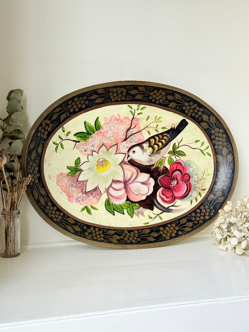 vintage hand painted metal tray with bold floral design in pink, red, white and gold border