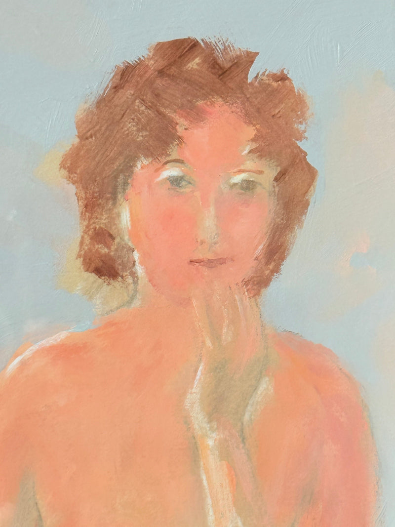 Mid-century oil portrait of woman by Alfred Heywood in gilt frame, photographed on white background