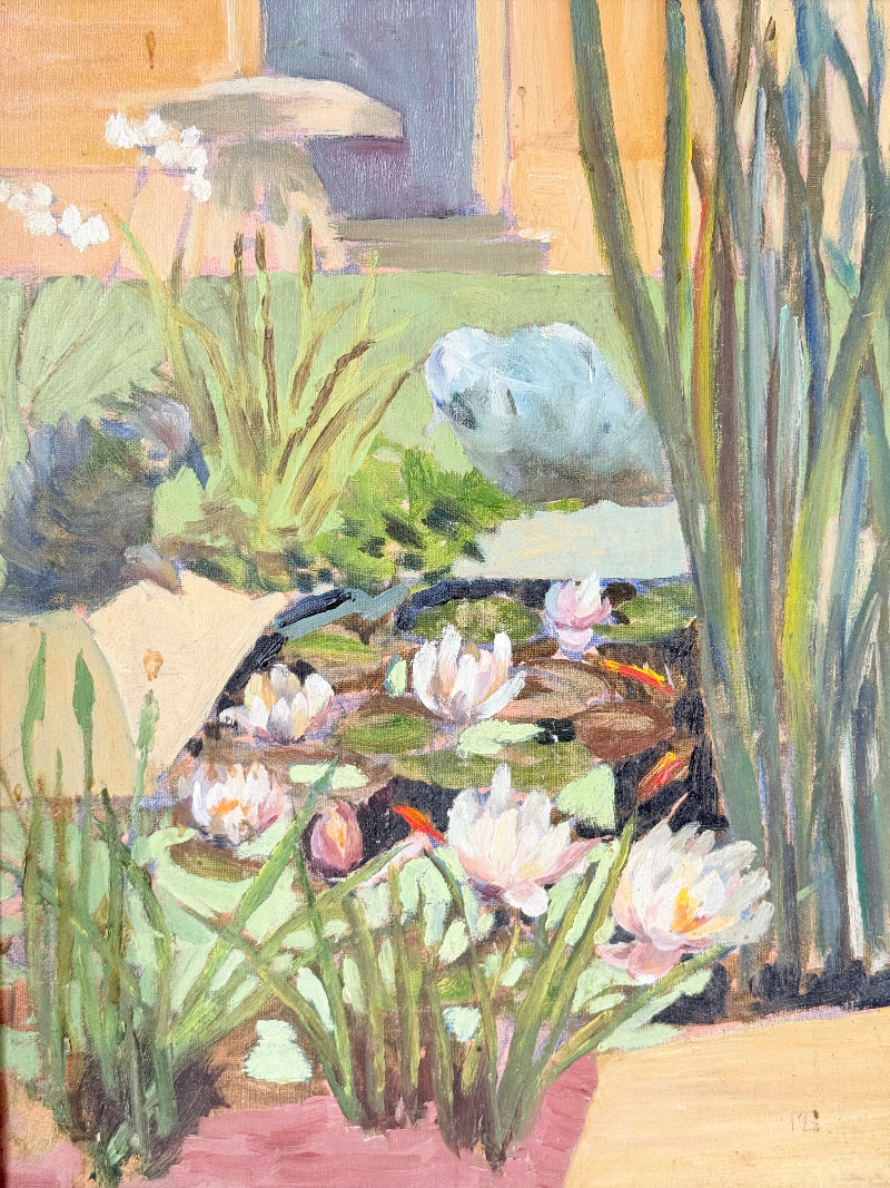 Vintage oil on board painting of waterlilies on a pond by Muriel Hester Broughton (1904–2003), monogrammed MB, framed in silver wood, photographed on a white surface