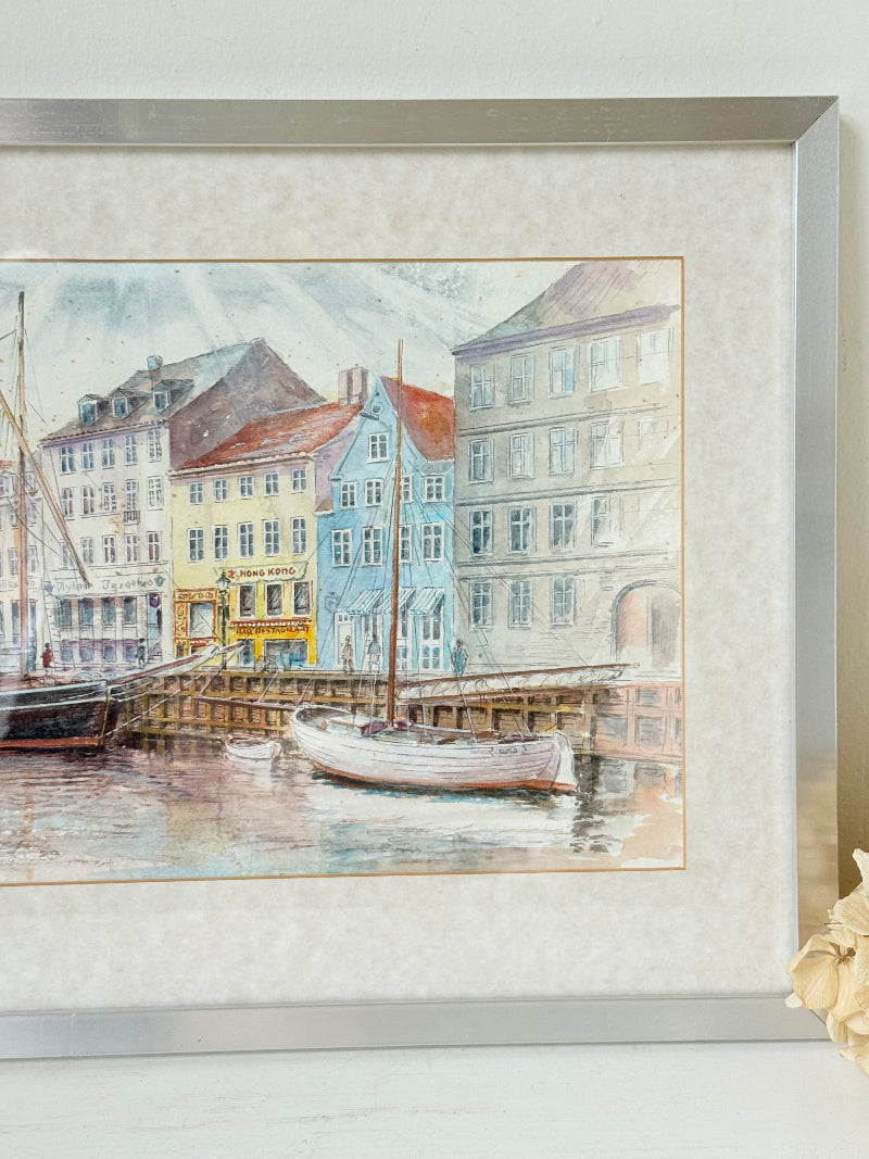 Vintage watercolour harbour scene with Hong Kong restaurant and boats in silver frame
