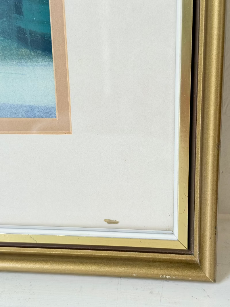 1970s framed abstract watercolour and gouache painting titled Rock Pools St Ives by Shields, photographed on white surface