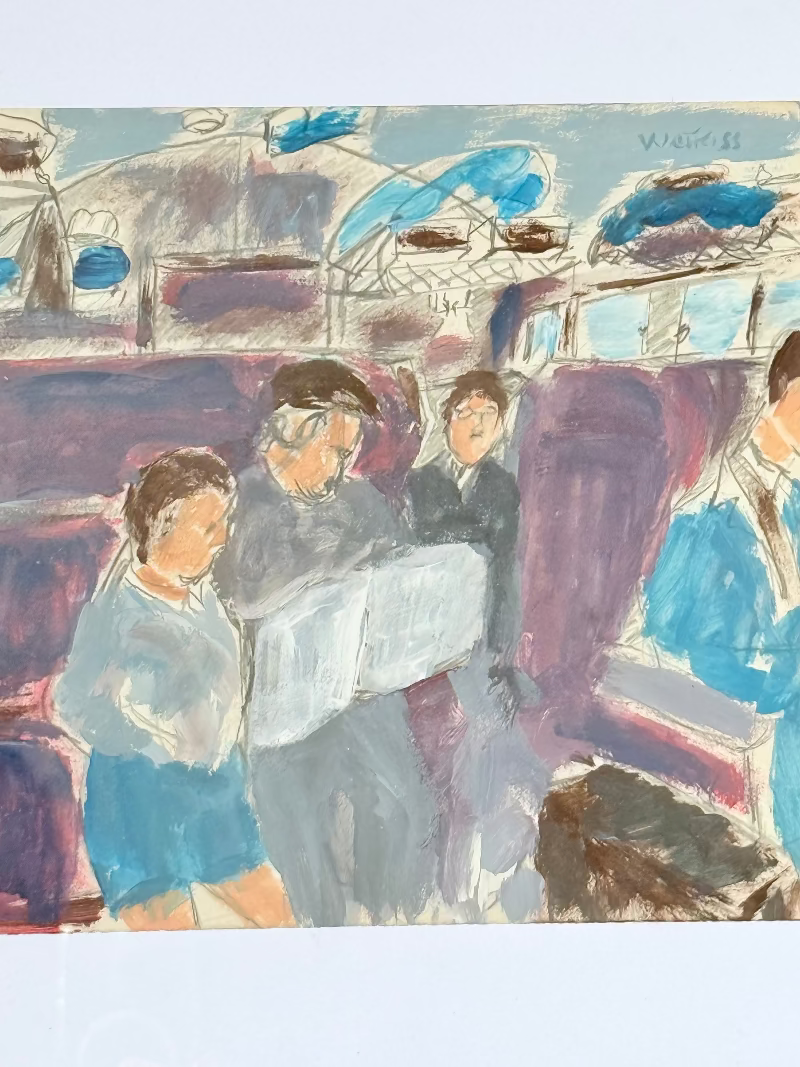 Mixed media painting by Watkiss of figures in a train carriage, framed in white, photographed on a white surface