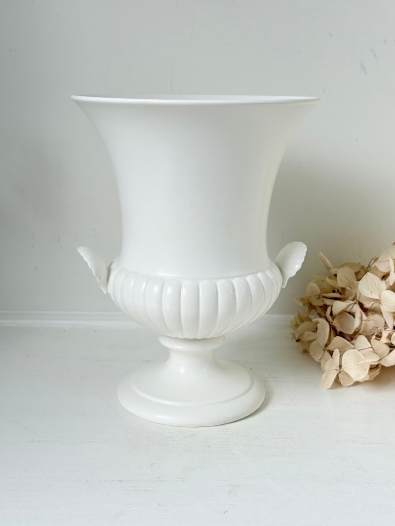 Vintage Wedgwood white urn vase with handles, photographed on a white surface