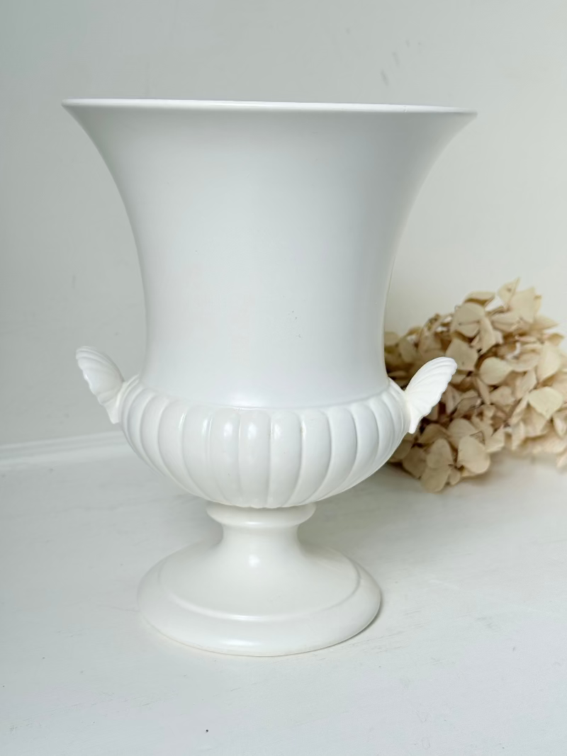 Vintage Wedgwood white urn vase with handles, photographed on a white surface
