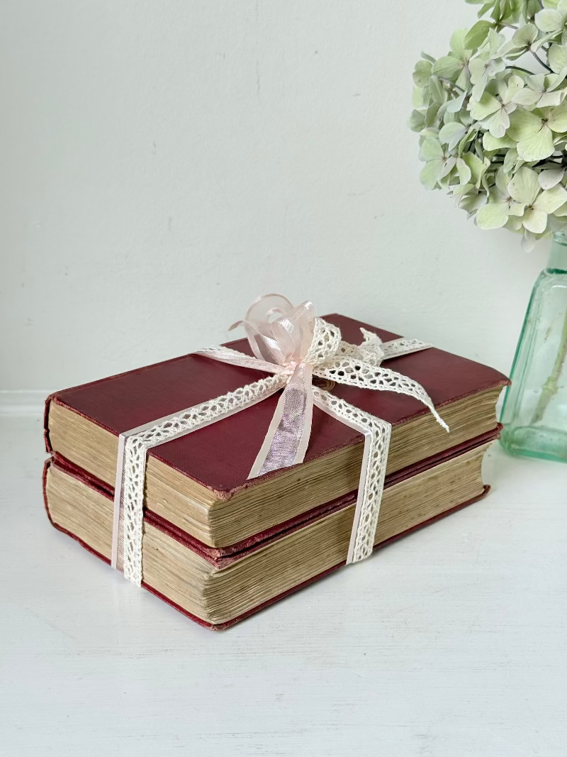 Pair of vintage Rudyard Kipling books in red cloth bindings with gilt lettering, styled as a decorative bundle, photographed on a white surface