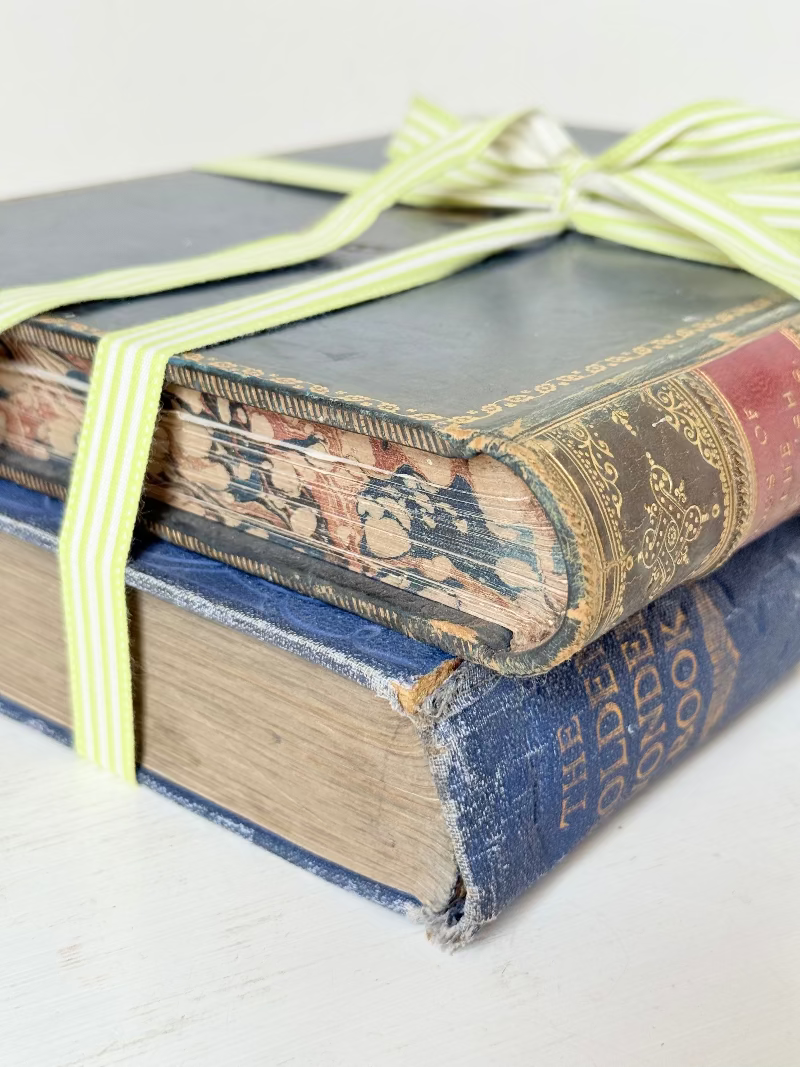 Vintage large pair of blue decorative books tied with green ribbon, photographed on a white surface