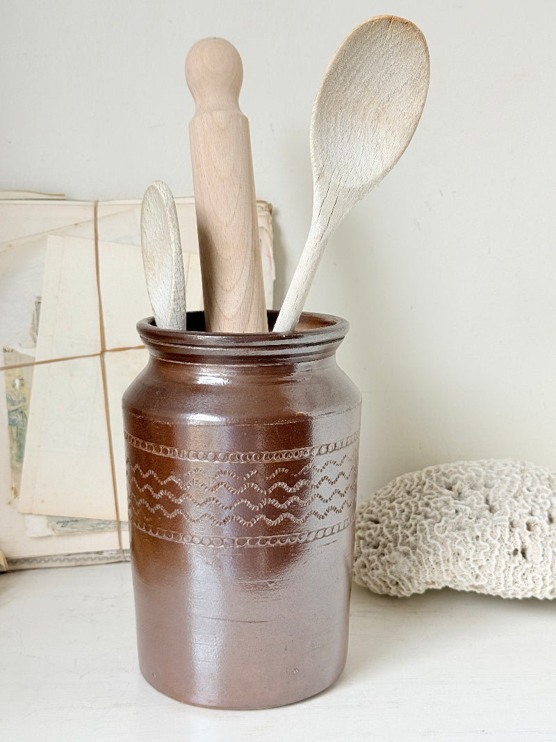 Vintage glazed stoneware pot with treacle brown glaze, incised banded decoration and wide rim for kitchen or shelf styling