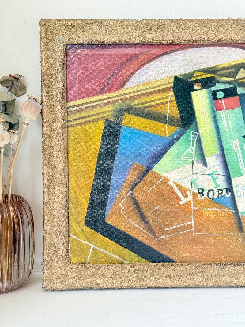 Vintage Cubist Bordeaux Bottle Still Life, Oil on Canvas, Gilt Frame