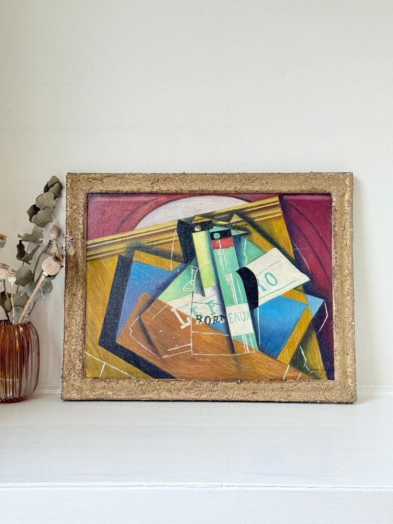 Vintage Cubist Bordeaux Bottle Still Life, Oil on Canvas, Gilt Frame