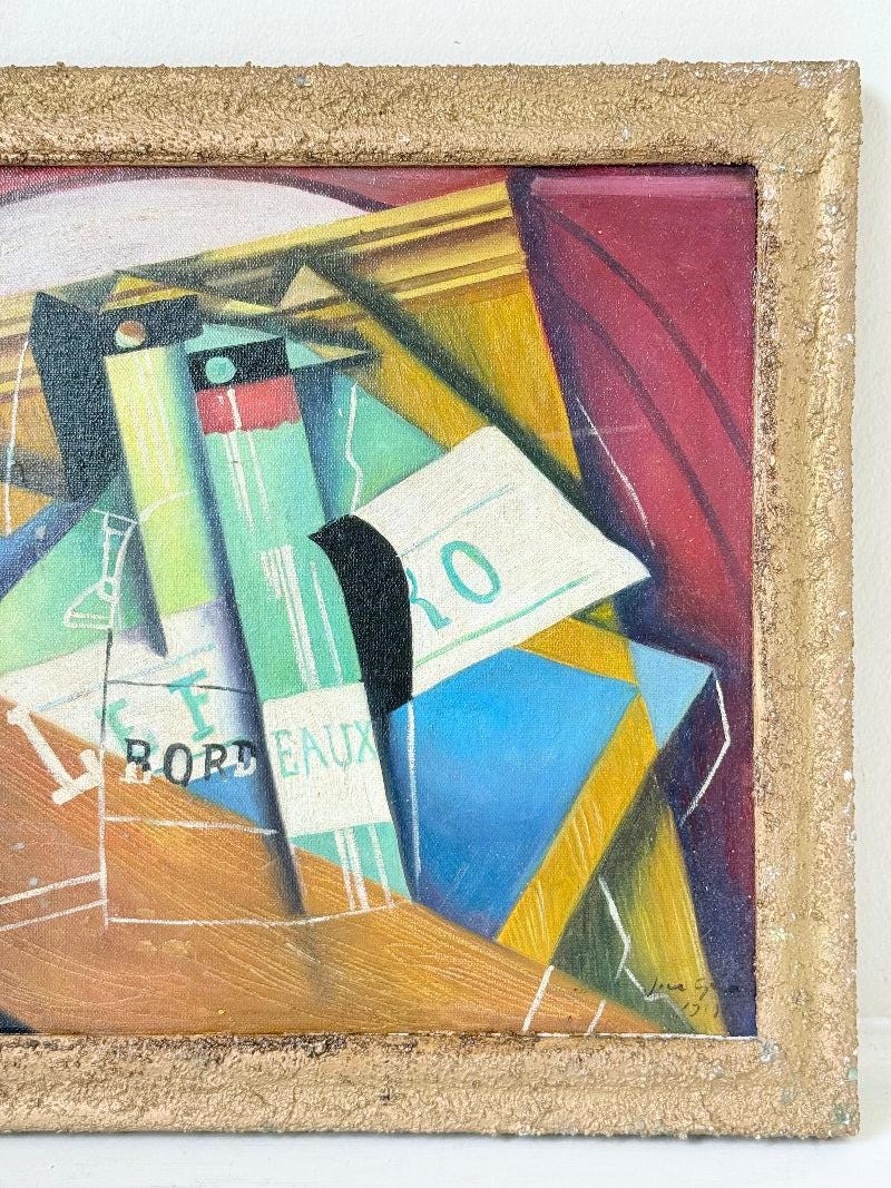 Vintage Cubist Bordeaux Bottle Still Life, Oil on Canvas, Gilt Frame