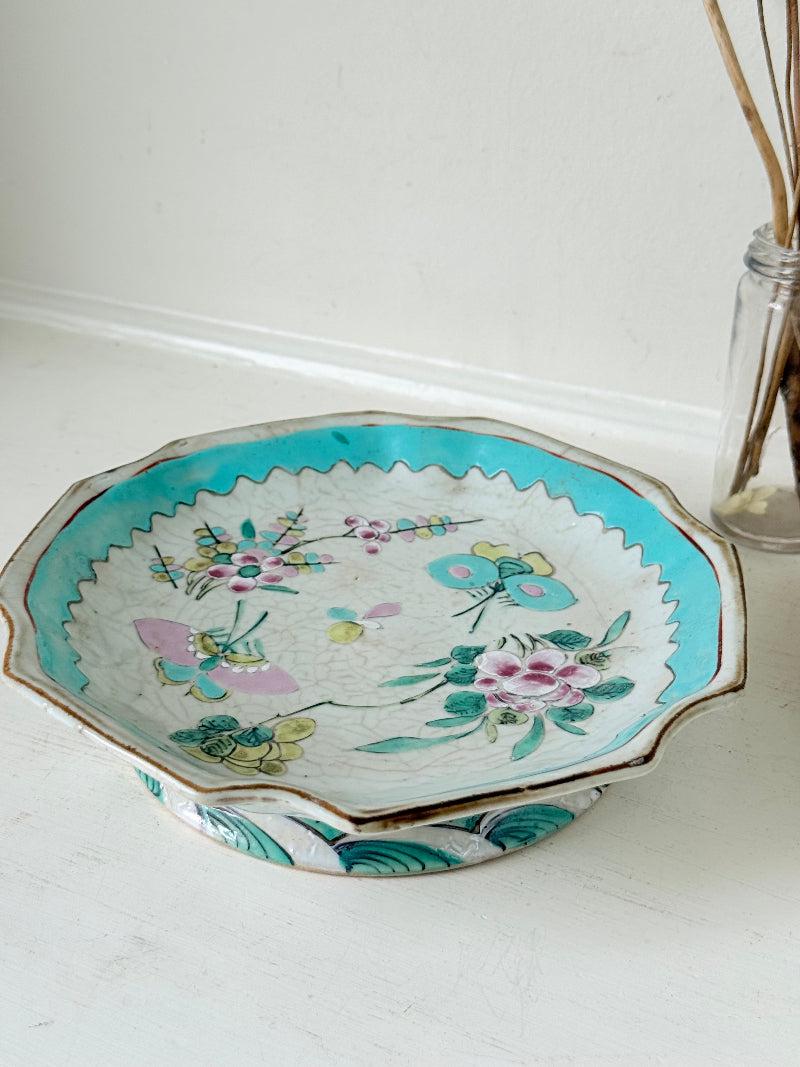 Antique Ceramic Footed Dish with Floral and Bird Decoration