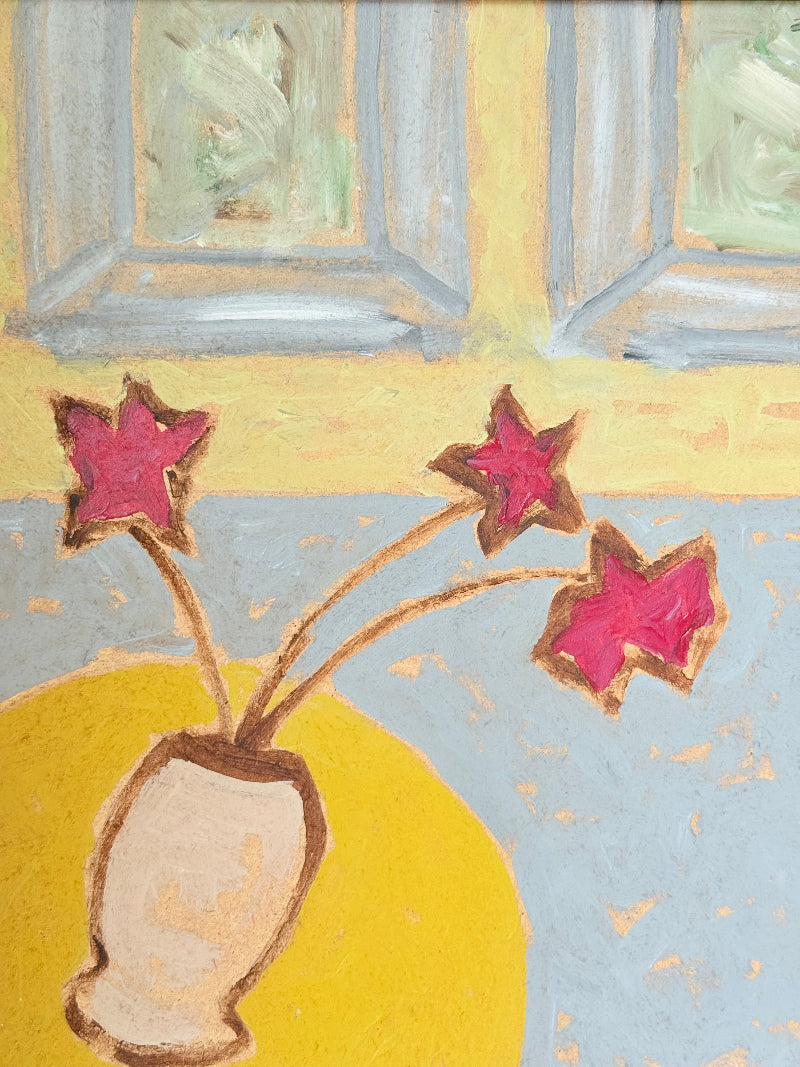Naïve interior oil painting with red flowers in a vase, in golden frame, styled on a white dresser with neutral background