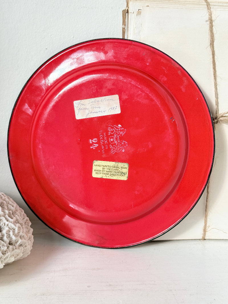 Vintage red bargeware enamel plate hand painted with canal roses and daisies