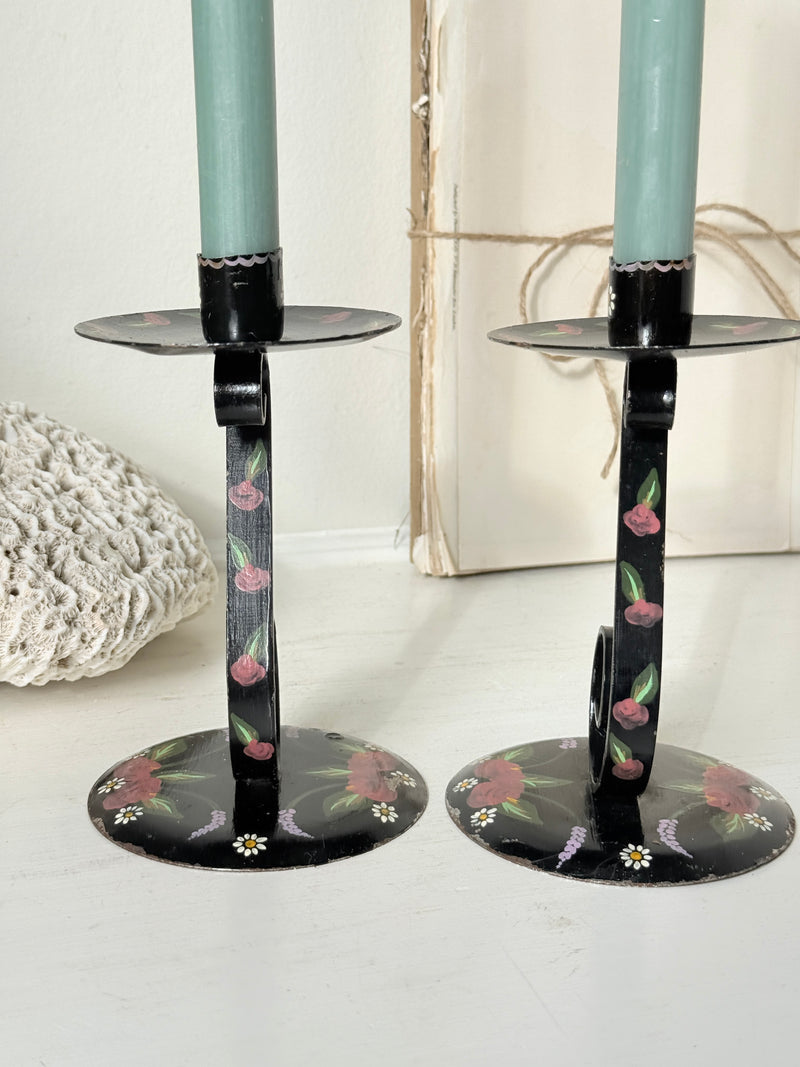Vintage toleware candlestick drip tray painted with small pink roses