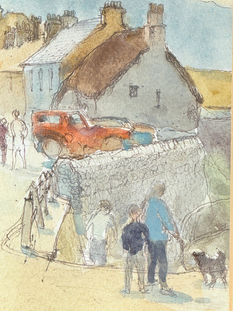 A watercolor and ink sketch of a rural village scene with a thatched cottage, a rusted red car parked on a stone wall, and several people and a dog in the foreground.