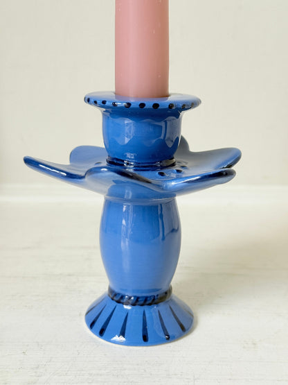 &amp;Klevering Amsterdam cobalt blue ceramic candle holder with hand painted detail and pink taper candles